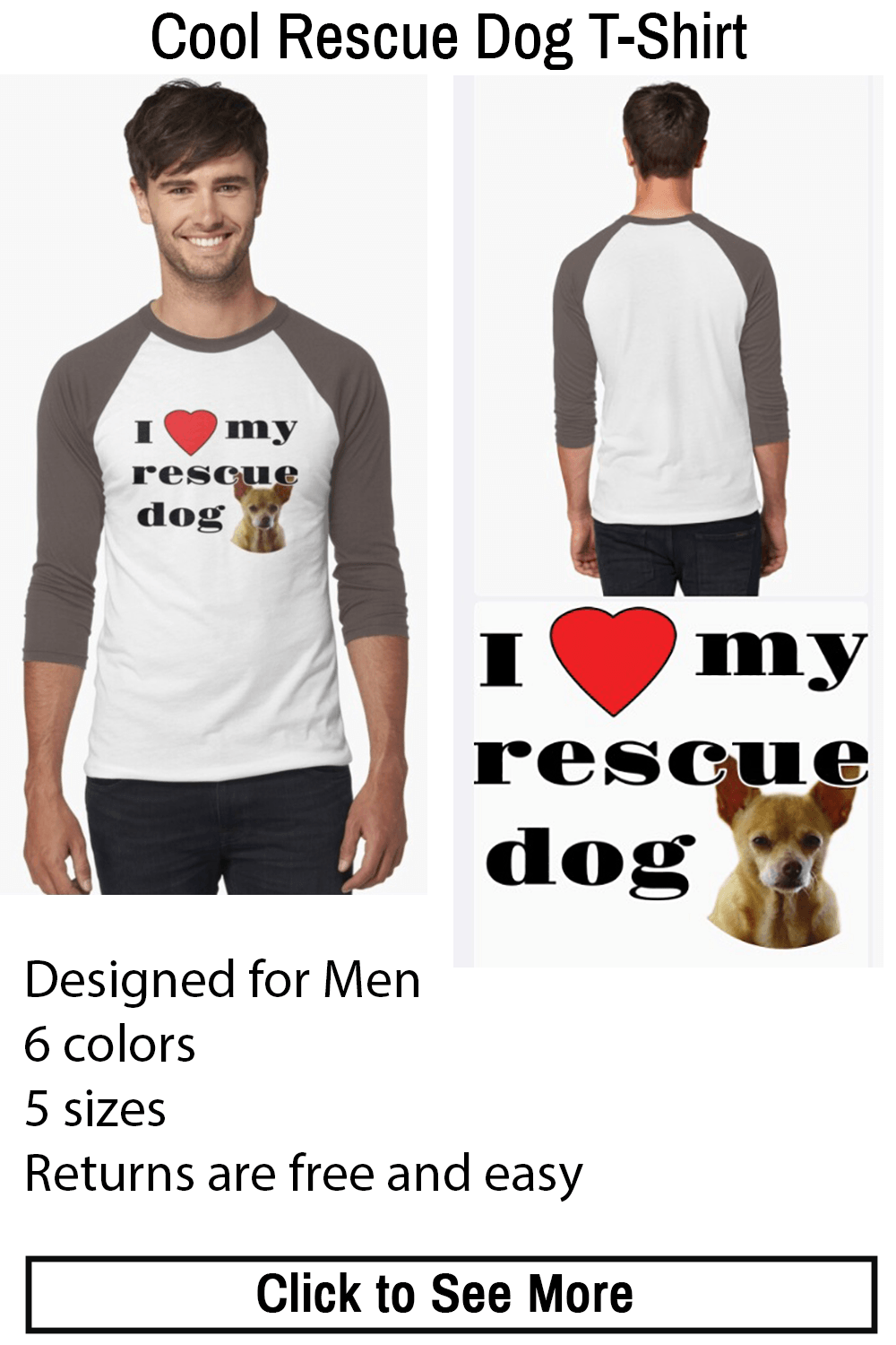 Baseball 3-Quarter Sleeve I Love My Rescue Dog T-Shirt- white & asphalt